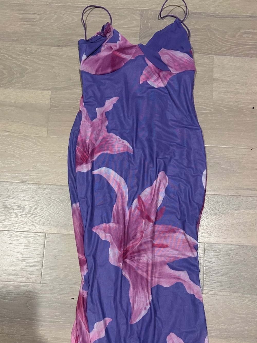 purple maxi dress with pink flowers and spaghetti straps